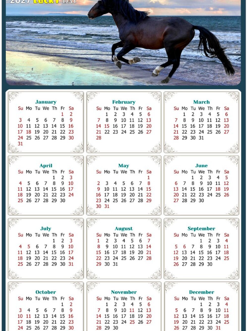 2027 Magnetic Calendar - Today is my Lucky Day - Horses Themed 015 (5.25 x 8)